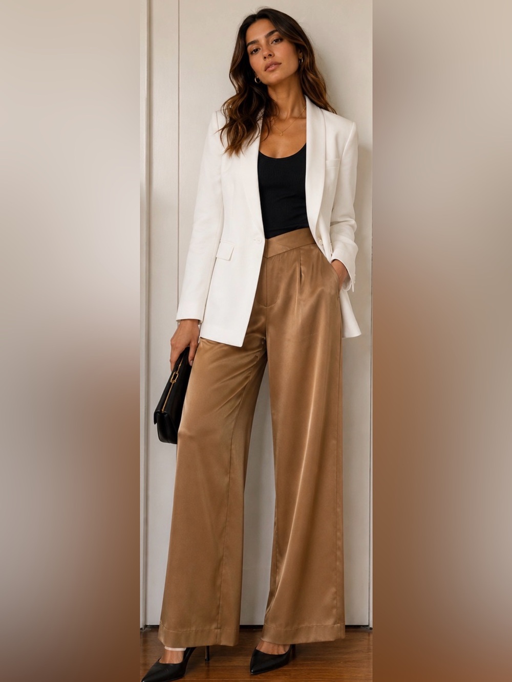 Boston Proper Wide-Leg Satin Trousers in Camel Brown